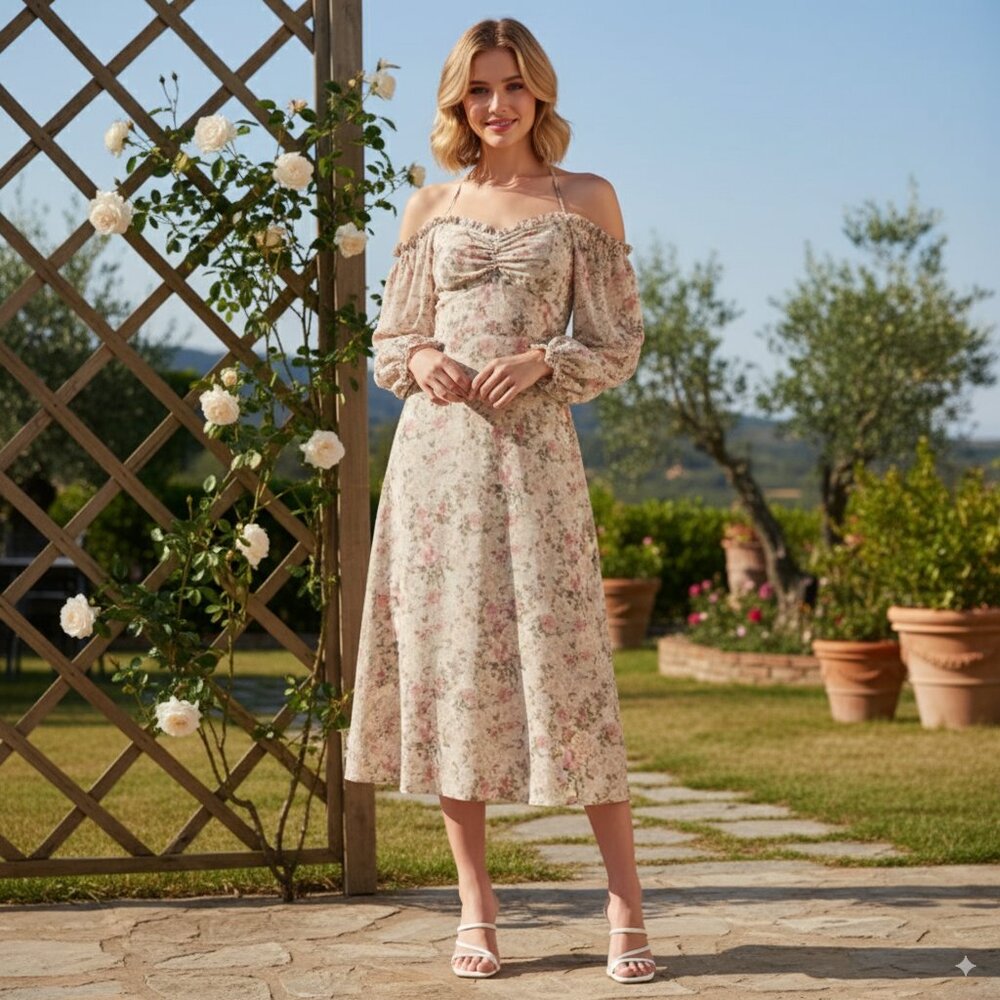 NWT ASTR OFF SHOULDER LONG SLEEVE CINCHED BUST MIDI DRESS